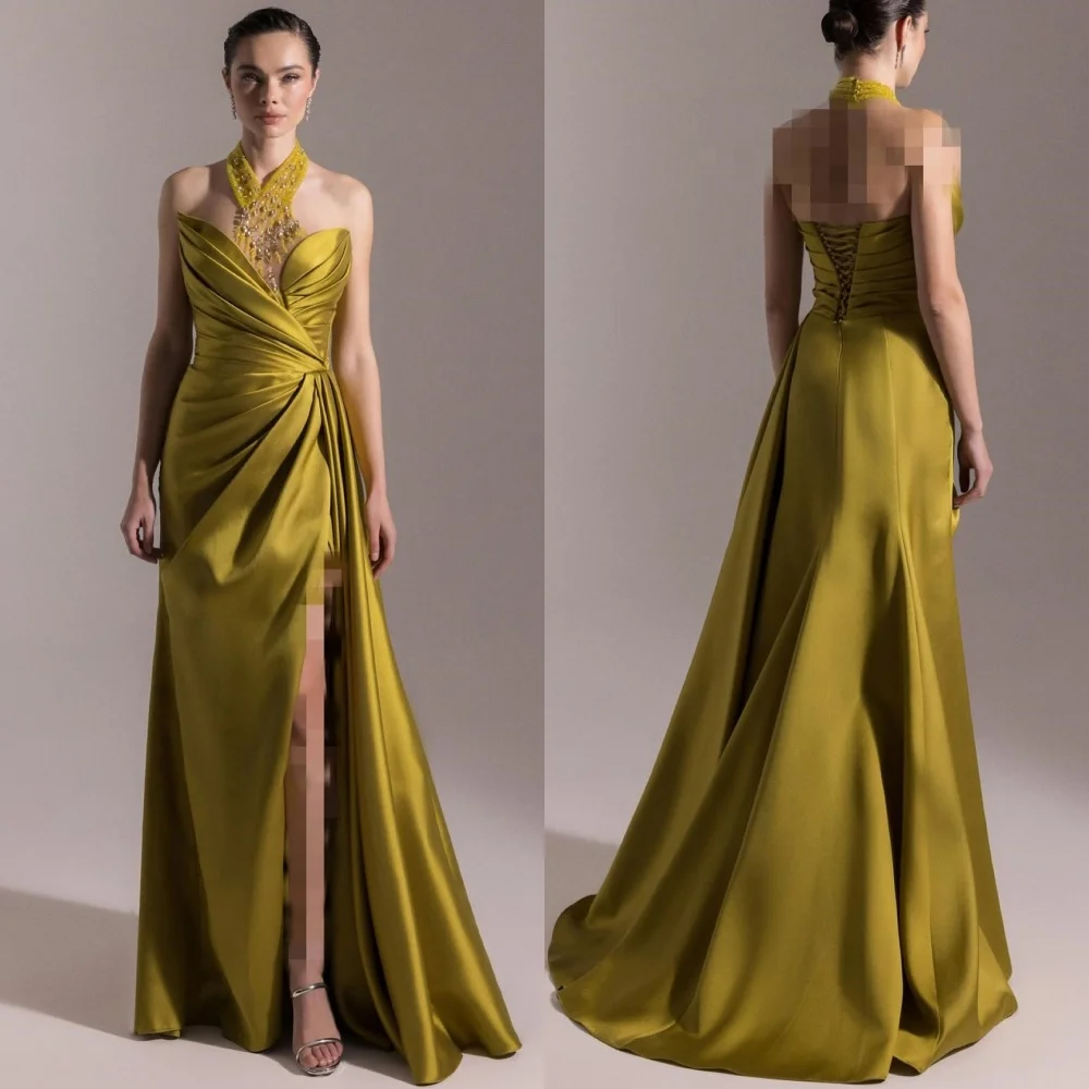 

Customized Fashion Elegant Charmeuse Sequined Pleat A-line Halter Long Dresses Bespoke Occasion Classic