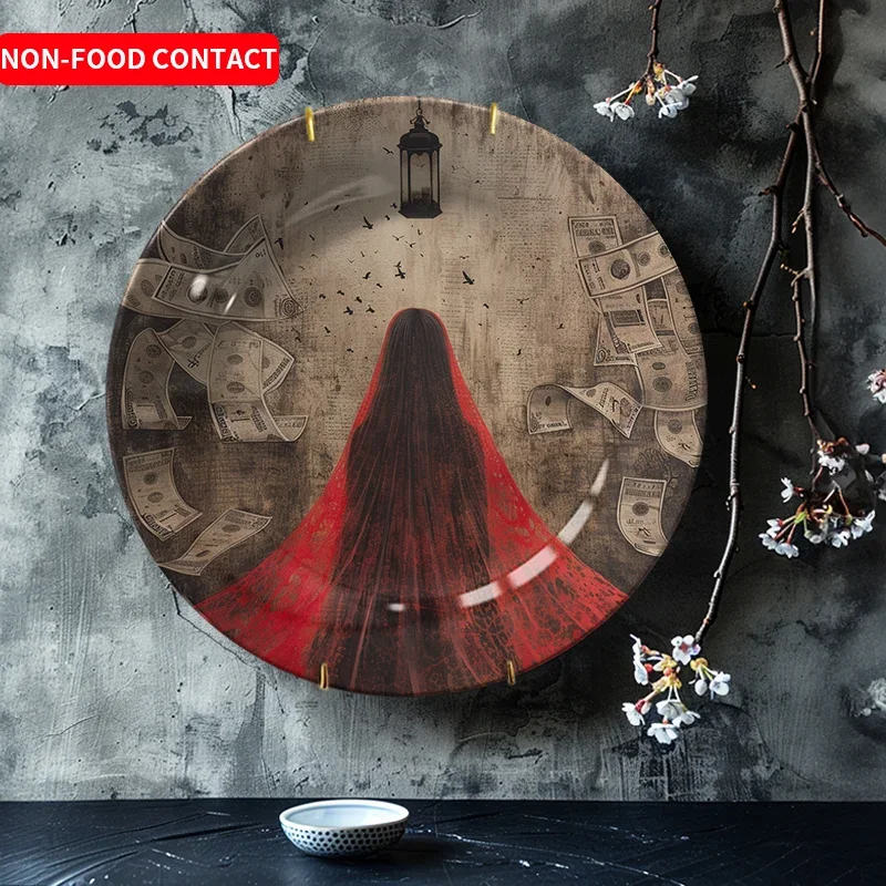 1pc Modern Minimalist Ceramic Decorative Plate - Wealth & Success Theme with Red Dress Woman, Non-Food Contact Safe Elegant