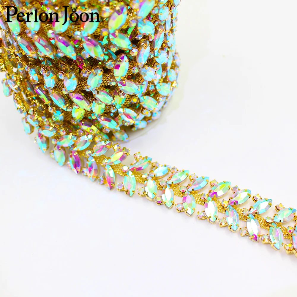 1 yard Flashing crystal leaves glass wedding shoes bags decorative accessories AB Rhinestone trim chain ML173