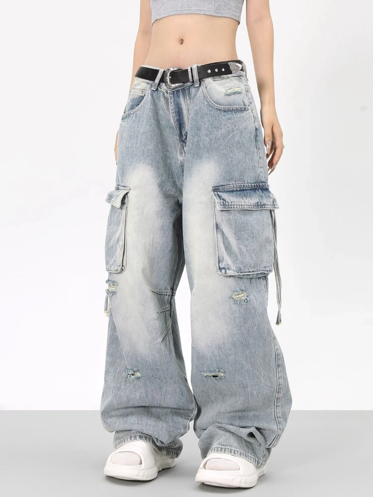 

HOUZHOU Y2k Vintage Jeans Women Streetwear Baggy Denim Pants Wide Leg Vintage Korean Fashion High Waist Grunge Trousers