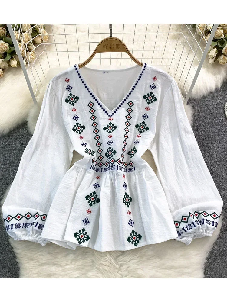 Women Spring Autumn Blouse Vintage Ethnic Style Embroidery V-neck Pullover Loose Waistband Cotton Linen Shirt Casual Top D4924