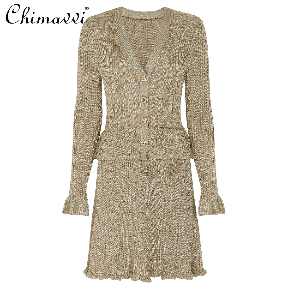 High-End Knitted Dress Spring and Autumn New Fashion Bright Silk Slimming V-Neck Long Sleeve Short Elegant Lady Knitted Dress