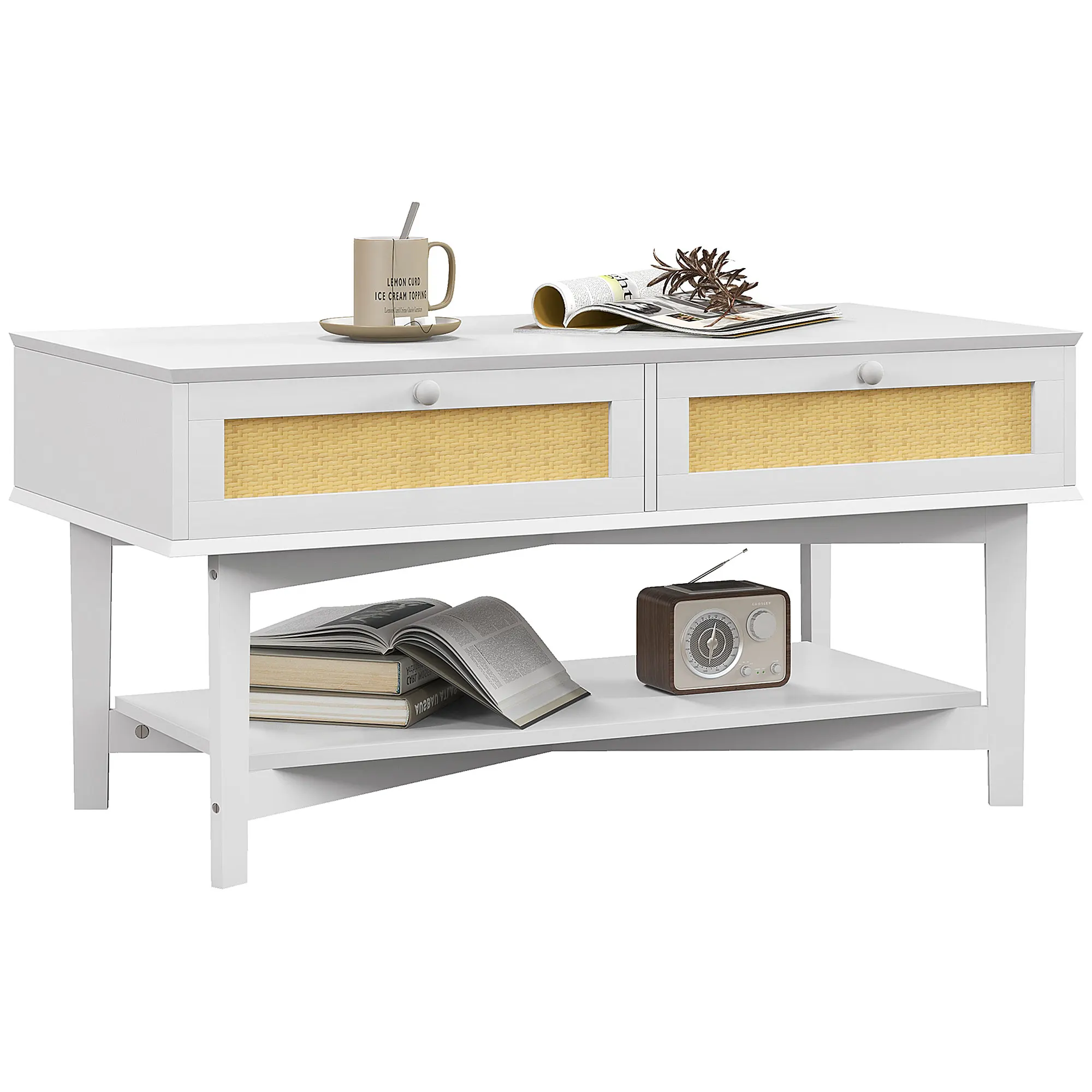 HOMCOM white coffee table with 2 rattan drawers and shelf 100x50x50 cm