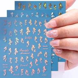 Summer Laser Gold Mermaid Girl Marine Nail Sticker Shining Holographic Nail Art Slider Summer Design Princess 3D Manicure Decals