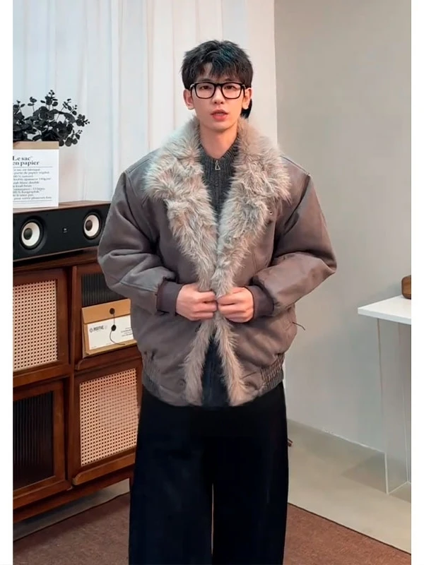 

Мужская зимняя теплая куртка American Wolf King Mountain Eagle из хлопка с кожаным воротником и мехом, приталенного кроя