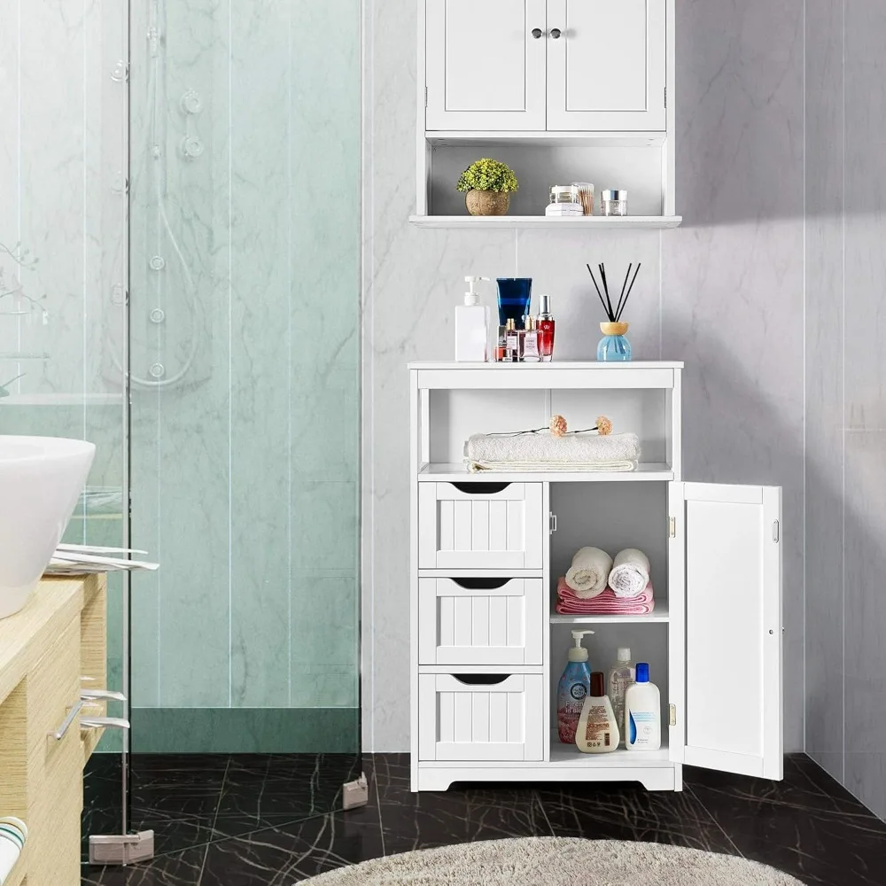 

Bathroom Floor Cabinet Wooden Storage Organizer with 1 Door and 3 Drawers, Free-Standing Cupboard for Bathroom/Entryway/Living