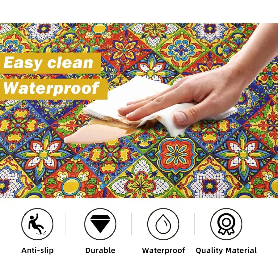 Boho Kitchen Rugs Set 2 Memory Foam Colorful Ceramic Comfort Tile Floor Mat Anti Fatigue Noid PVC Runner Rug Water Oil Proof Ca