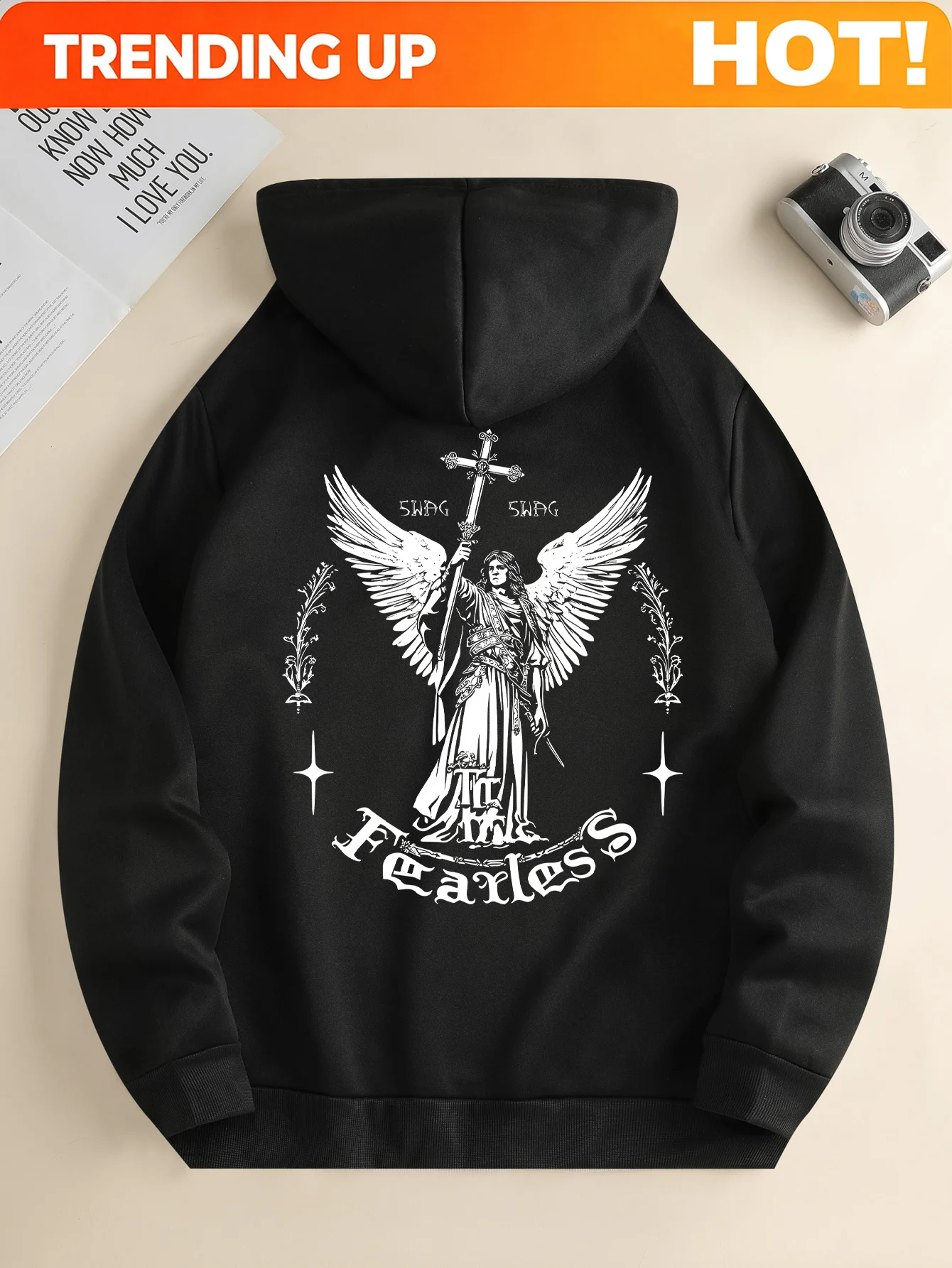 Customization New Men's Trendy Autumn And Winter Hoodies Casual Drawstring Daily Hooded Sportswear With Angel Print Front Kangar