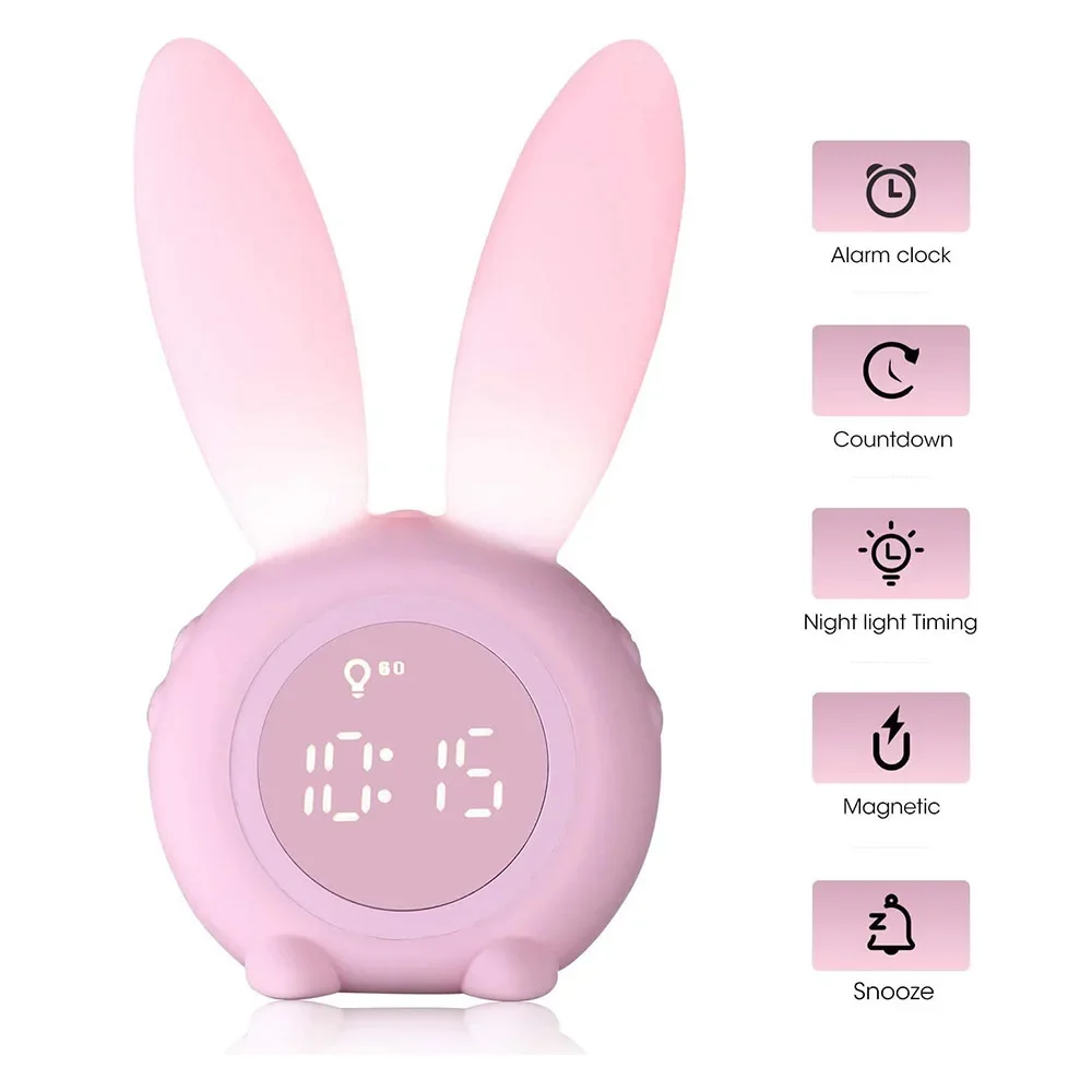 Bunny Ear Digital Alarm Clock LED Electronic LED Display Sound Control Cute Rabbit Night Lamp Snooze Desk Clock Home Decoration