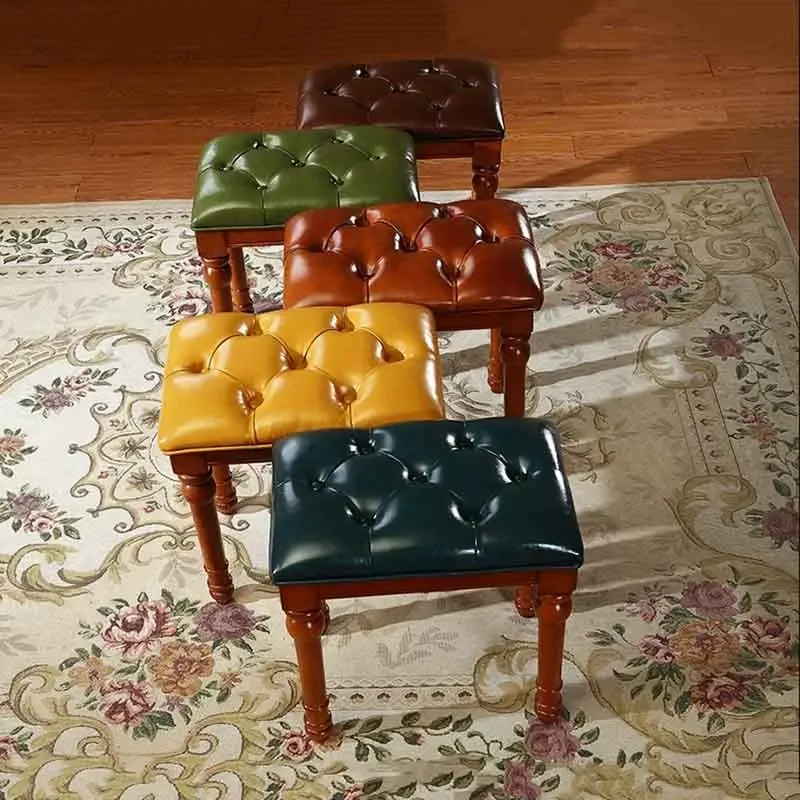 Solid Wood Stool,Leather Dining Stool, Luxury Furniture,Leisure Chair,Change Shoe Stool,Living Room Sofa Footstool,Retro Seat