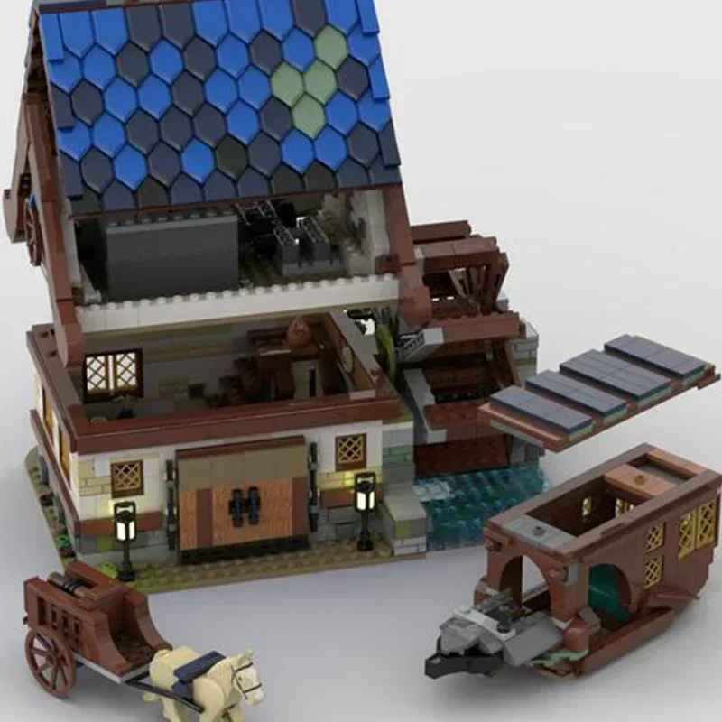 Moc قوالب بناء القرون الوسطى عرض الشارع نموذج القرون الوسطى تكنولوجيا الطاحونة المائية وحدات كتل هدية عيد الميلاد لعبة لتقوم بها بنفسك مجموعات الجمعية