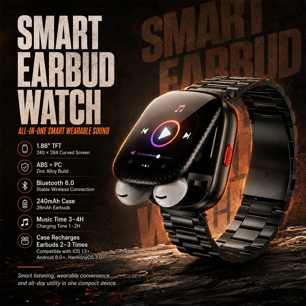 2026 All in One Smart Watch Earbuds 1.88 Inch Curved Screen Bluetooth 6.0 Wearable Audio Watch Compatible with iOS and Android