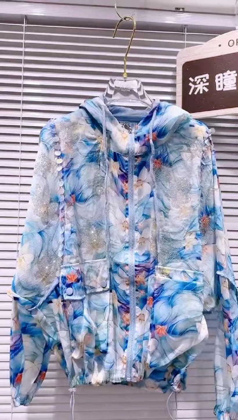 

Luxury Design Bling Sequins Women Hooded Spring Summer Loose Casual Zipper Sunscreen Shirts Blouses Thin Outerwear Tops