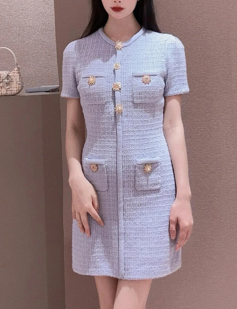 

Women Blue Knitted Dress Buttons Decoration O-Neck Short Sleeve Slim Elegant Autumn 2024 Mini Robe