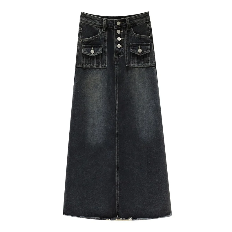 S-5XL New Streetwear Denim Skirt Spring Summer Fashion Frayed Hem Pocket High Waist Long Jeans Skirt Loose Plus Size Skirt