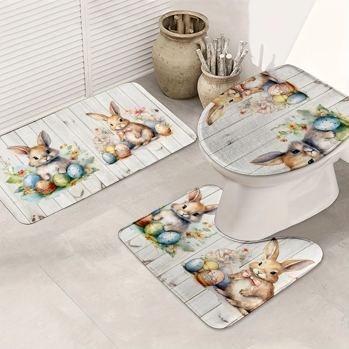 

Набор ковриков для ванной с пасхальным кроликом из 3 предметов с крышкой унитаза + U-образный напольный коврик, нескользящий милый узор кролика для весеннего декора
