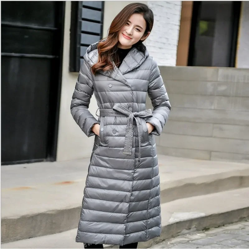 Women's Lightweight Long Styles Hooded Down Jackets Warm Parkas Long Sleeves Slimming Double-breasted Belt Coats Women Clothing