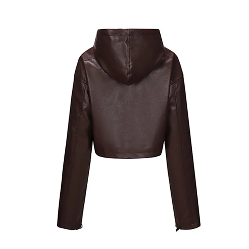 2025 Fashion High-waisted Short Coat Zipper-up Hooded Outerwear Streetwear Lady Tops Slim PU Jackets Women's Faux Leather Jacket 4