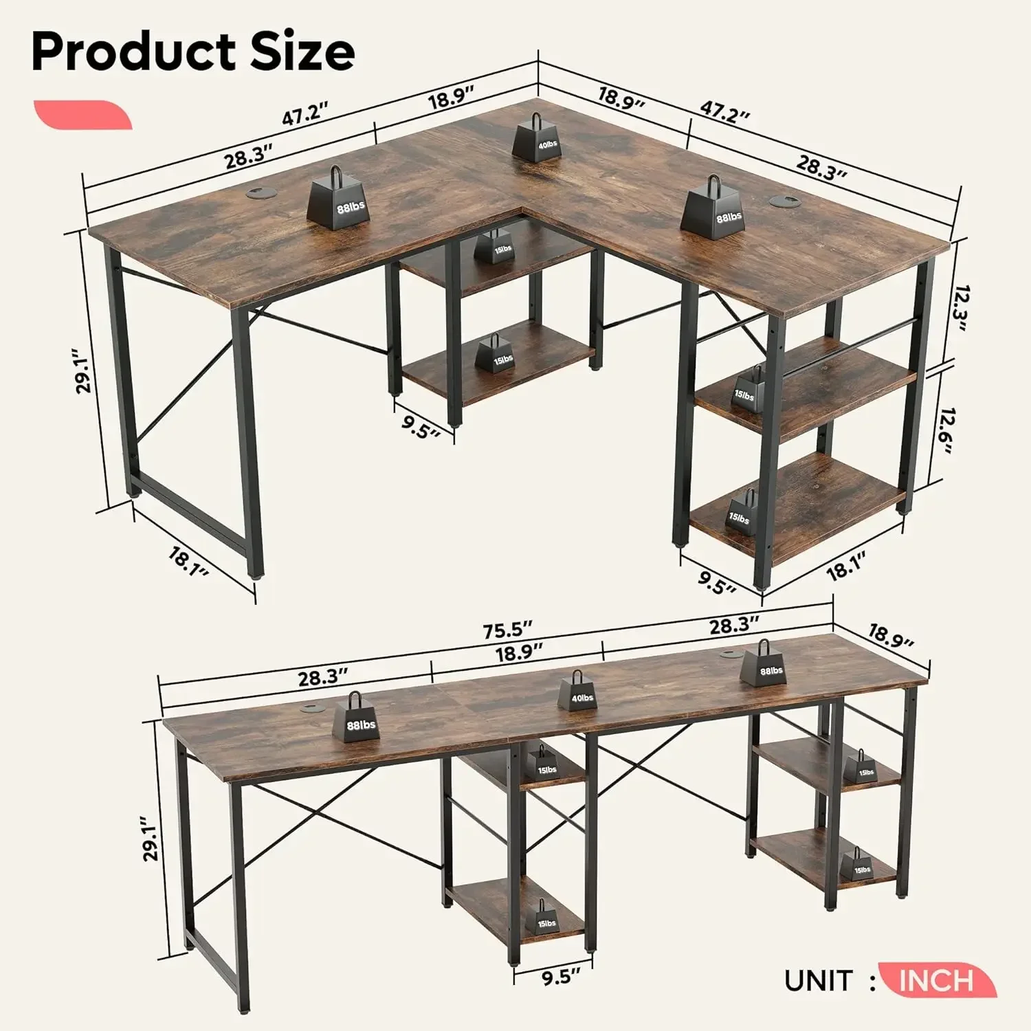 Furniture suppliesBestier L Shaped Computer Desk, Reversible Corner Office Desk with Shelves, 75 Inch 2 Person Long Desk, Writin