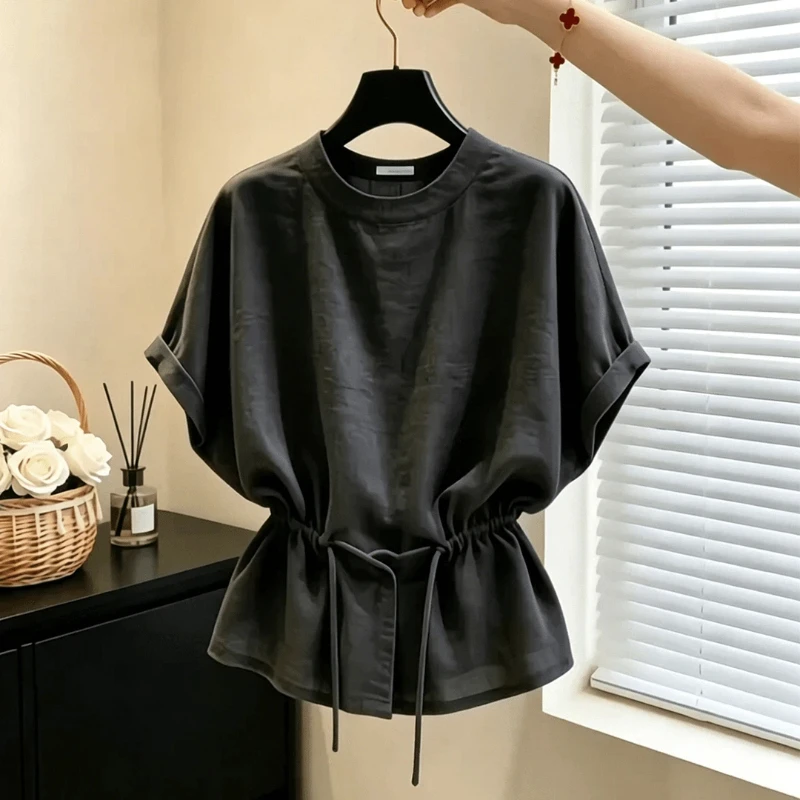 Drawstring Short Sleeve Solid Plus Size Casual Pullovers Top Women Clothing Simplicity Vintage T Shirts Fashion Vintage Summer