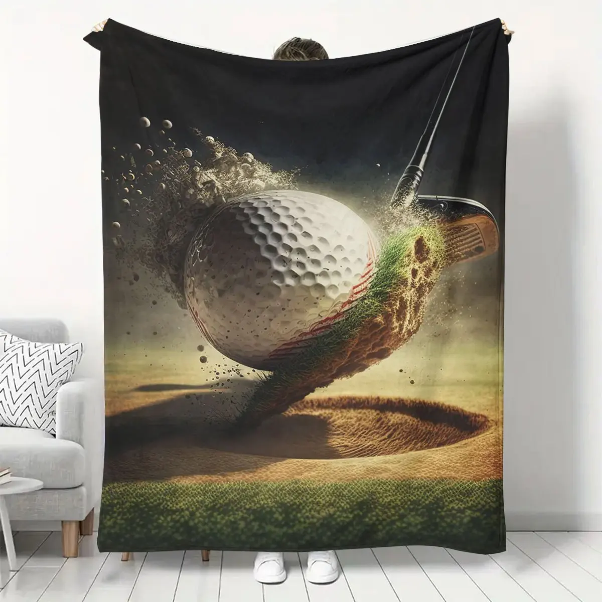 Dynamic Golf Ball Sand Splash Print Flannel Blanket Soft Lightweight Throw Blanket for Sofa Bed Bedroom Sport Golf‑Theme
