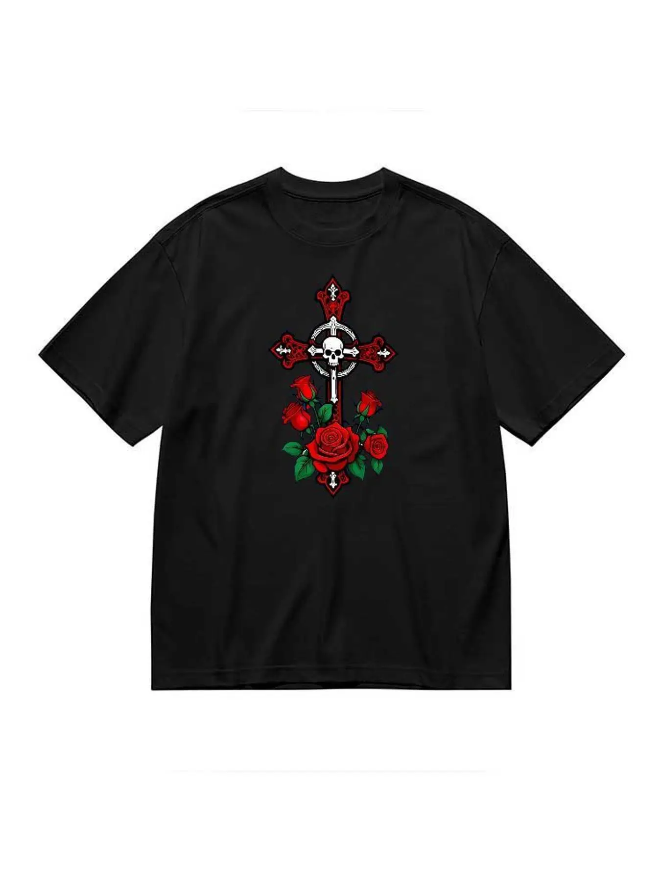 Gothic Skull Cross Red Rose Graphic T Shirt Fashion Stretchy Plus Size Women Short Sleeve Casual Summer Streetwear Tee Tops