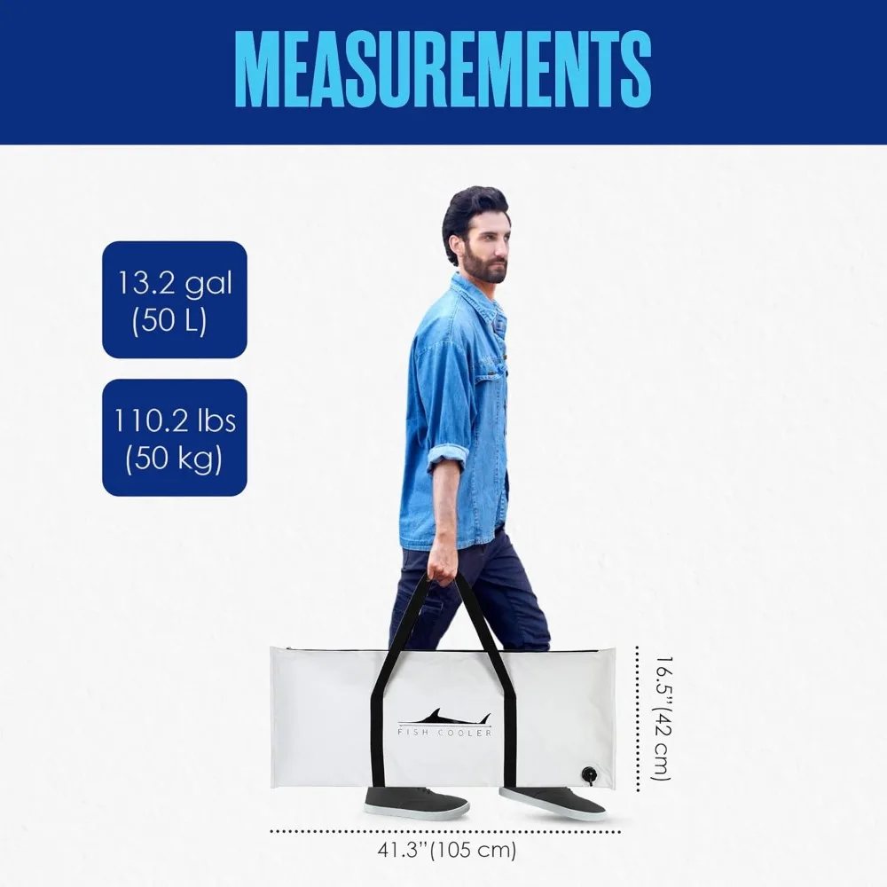 물고기 가방, 절연 낚시 쿨러, 누수 방지 킬 백, 흰색, 방수 접이식 얼음 가슴, 메기용, 41 "x 16.5"