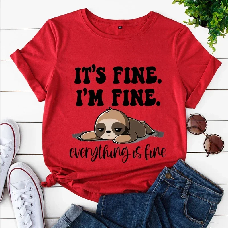 Graphic T Shirt Lazy Sleepy Sloth Clothing Cute Tee Women Casual Fashion Clothes Its Fine I'm Fine Everything Is Fine T shirt