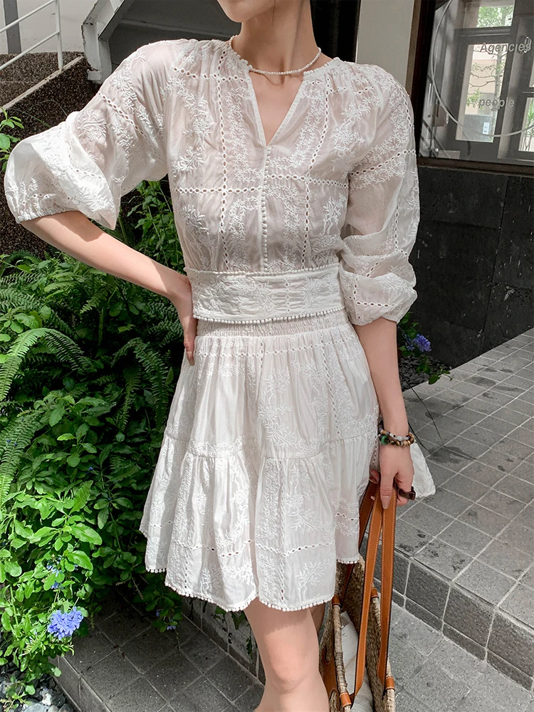 Beach Luxury Women embroidery lace 2 Piece set for women Beige Elegant V-neck Lace up shirt blouse high waist mini skirt 4T125