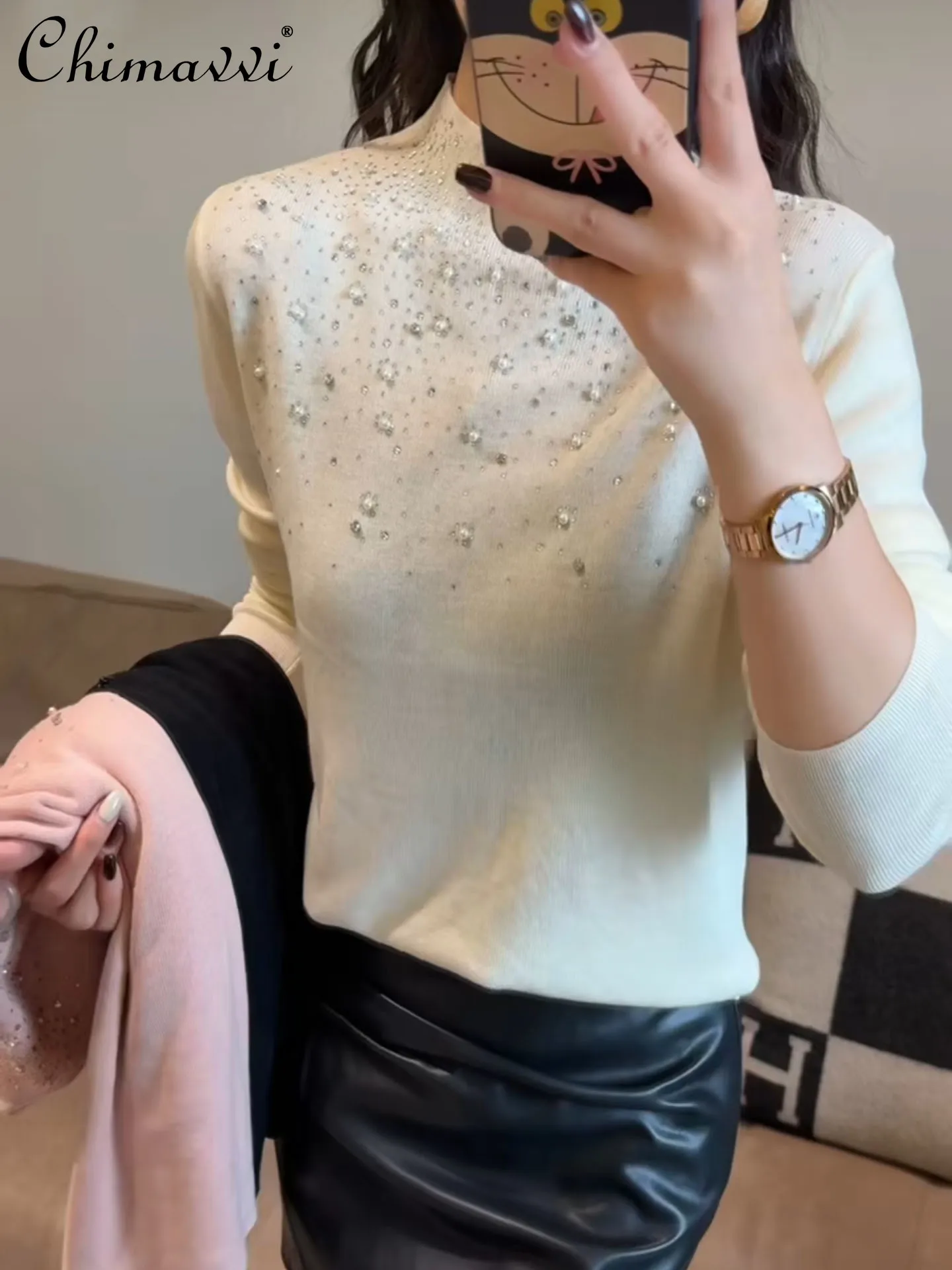 

Heavy Beaded Rhinestone Half High Collar Wool Knitted Base Shirt Women Fashion Long Sleeve Slim Elegant Inner Top Autumn Winter