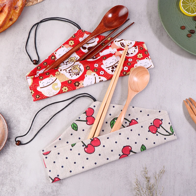 Portable Cutlery Bag Reusable Travel Drawstring Pouch For Fork Spoon Bamboo Chopsticks Japanese Style Kitchen Tableware Bags