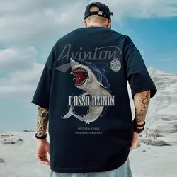M-8XL Men Tshirt Oversized Fashion Cartoon Shark Attack Print Shirt Men Short Sleeve Tee  Summer Casual Loose Round Neck Tops