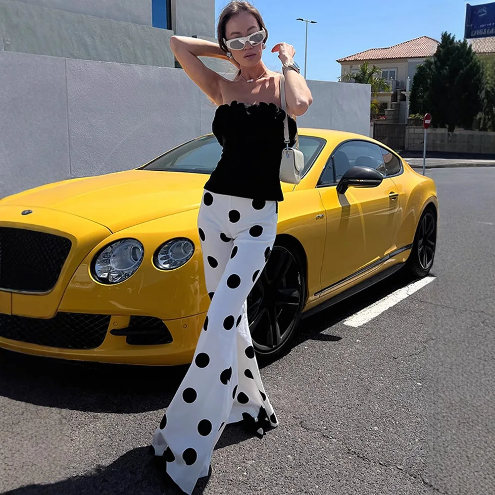 Polka dot chique senhora 2 peça conjunto verão casual outfit feminino férias streetwear sem alças colheita topos cintura alta calças de perna larga terno