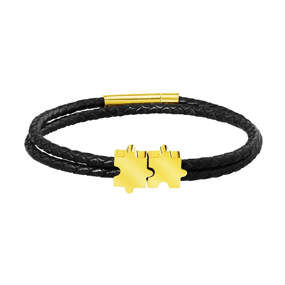 

Customized Name Puzzle Bracelet Personalized Men's Leather Cord Bracelet Couple Engraved Name Bracelet Father Jewelry for Men