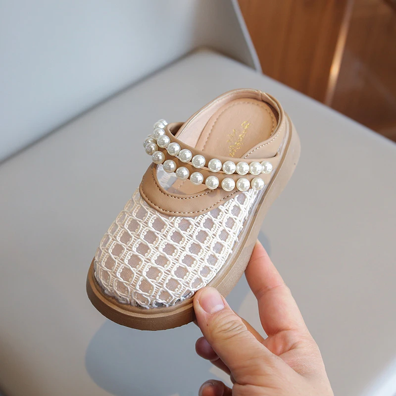 Girls Bowknot Mesh Sandals Cover Toes Kids Flat Shoes Child Slip on Slippers 2025 Children Barefoot Beach Shoe for 26-37