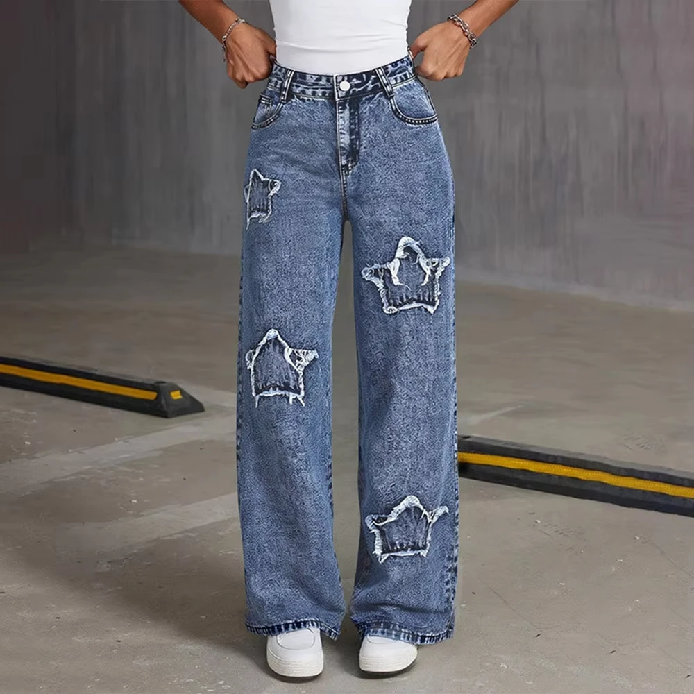

New Spring Summer Women Star Pattern Denim Pants Wide Leg Straight Loose Casual Fashion Trousers For Ladies Daily Wear