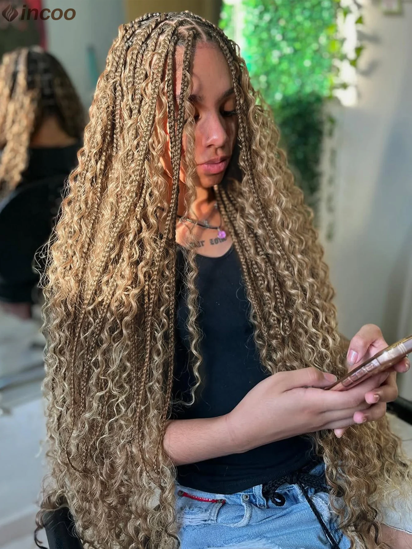 

27/613 Блондинка Богемная коробка Плетеные парики для чернокожих женщин Синтетические полные кружевные косы в стиле бохо с вьющимися концами волос Косички Парики