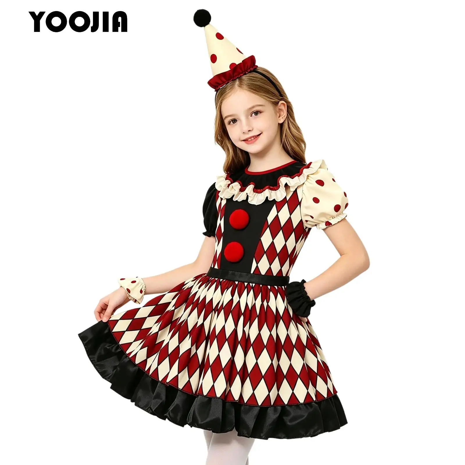 Girls Clown Costume Halloween Circus Fancy Dress Ruffle Puff Sleeve Diamond Pattern Layered Tutu Dance Dress And Hat Performance