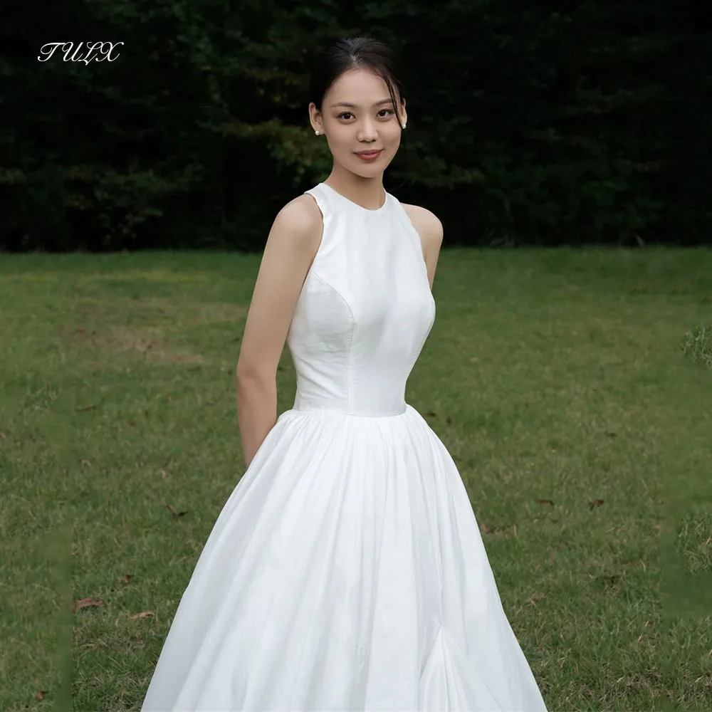 

TULX Simple Ivory Taffeta Wedding Dress Korea Photo Shoot O Neck Sleeveless A line Long Bridal Gown Corset Customized 웨딩드레스