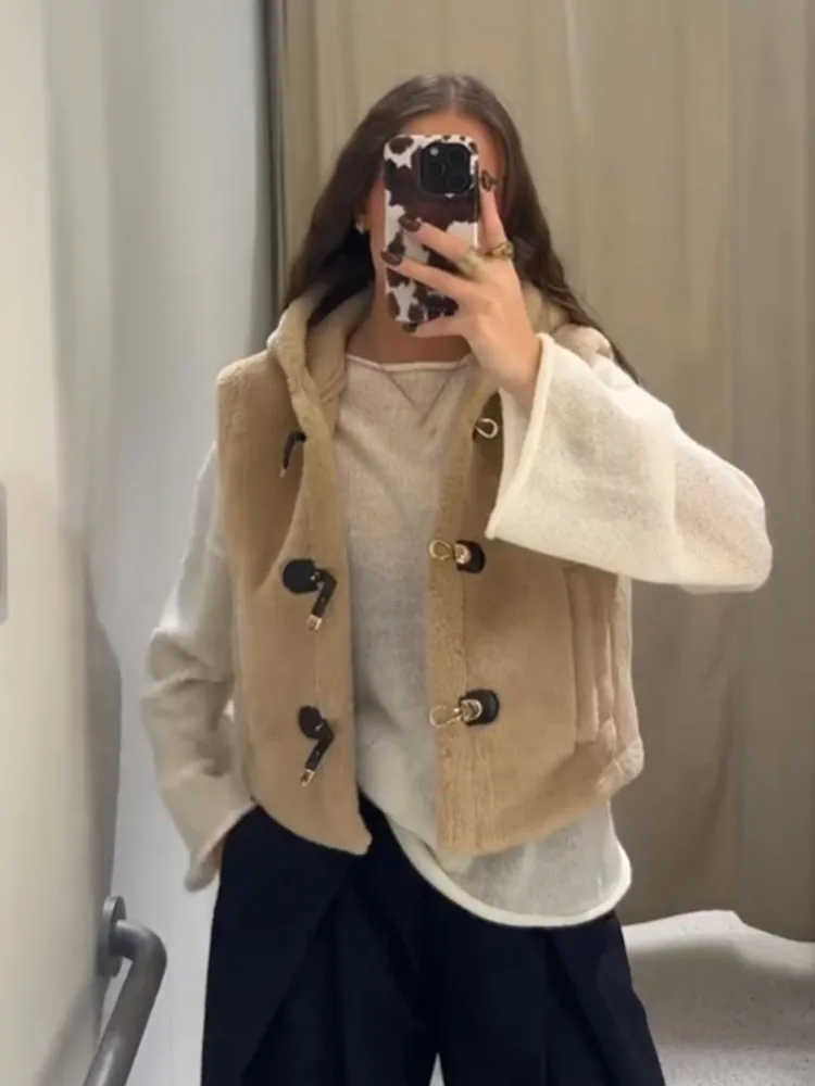 HH Women's Autumn New Fashion Short Coats Solid Hooded Sleeveless Single Breasted Vest Female Chic Casual Waistcoats Trendy