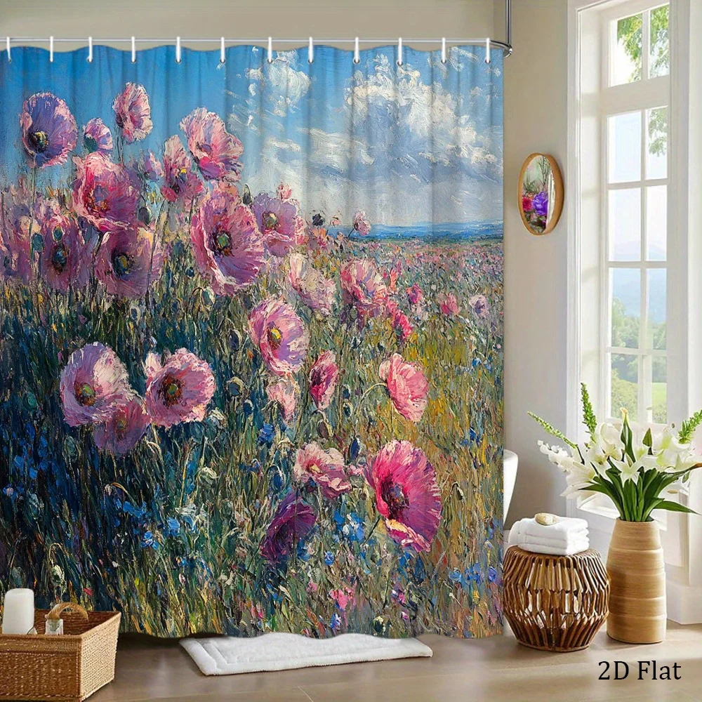Vibrant Watercolor Field of Poppies Floral Shower Curtain Bathroom Decor Waterproof Curtain