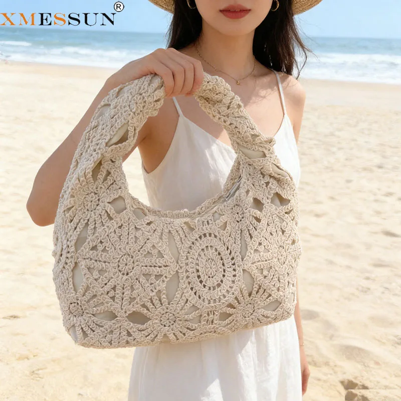 XMESSUN New Trend Lace Hollowed-out Vacation Underarm Bag for Women,Fashion Female Macaron Hand-crocheted Cotton Shoulder Tote