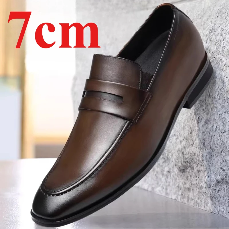 Genuine Leather 7cm Elevator Shoes Men's Breathable Dress Shoes Business Comfortable Luxury Thick Soled Height Increasing Shoes