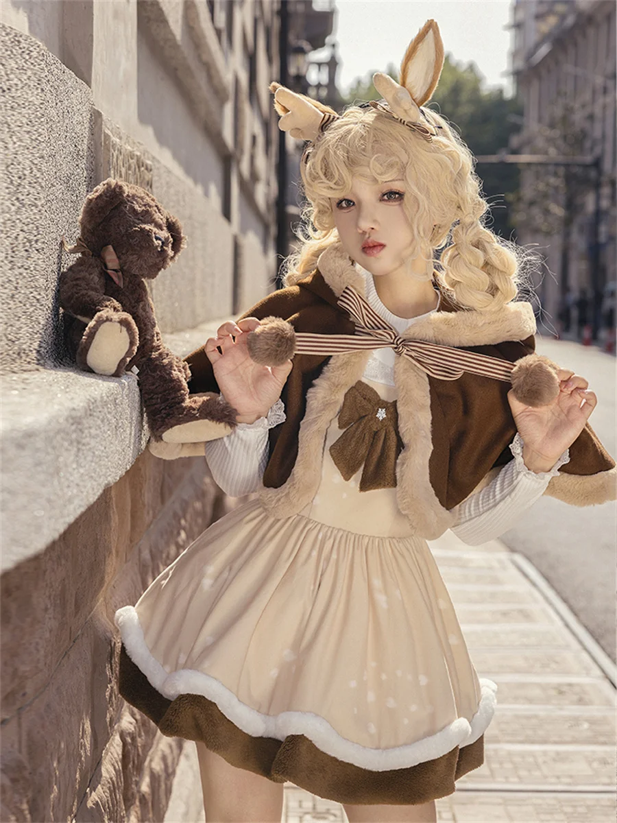 Withpuji-traje japonés Loli Lolita, traje de rayas con lazo, Bola de pelo, volantes esponjosos, dulce vestido de brote de alce, capa cálida de invierno, Jsk