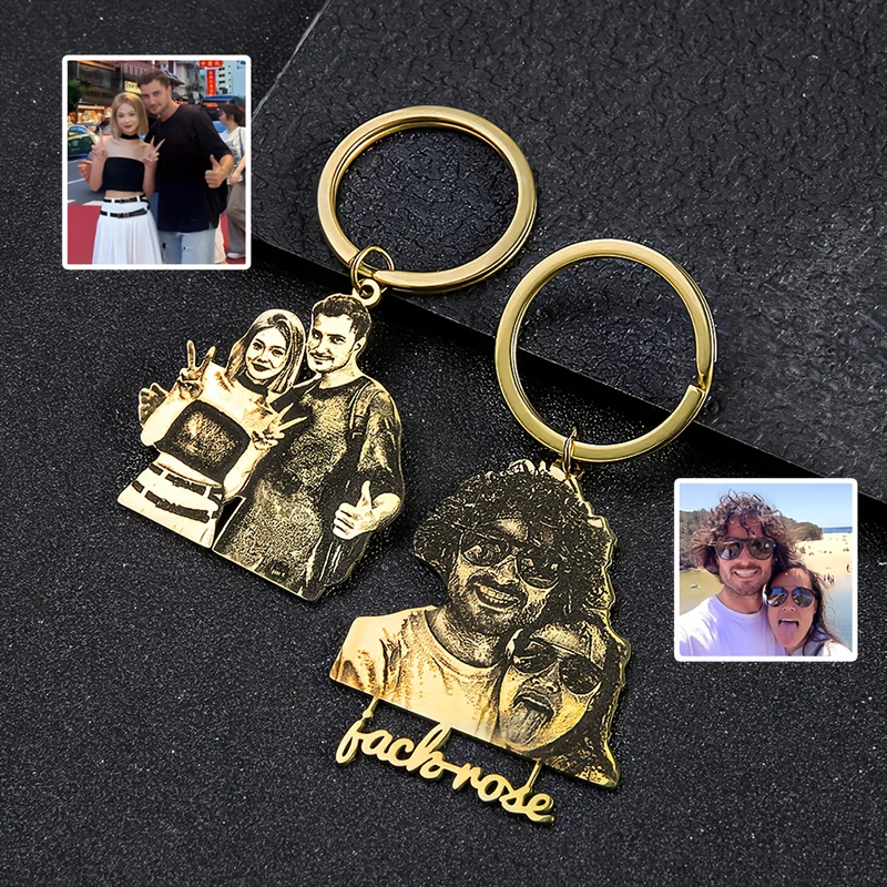 

Брелок с фотографией на заказ, нержавеющая сталь 304, позолоченный 18-каратным золотом, персонализированный брелок с именной табличкой, кулон, подарок на годовщину для мужчин