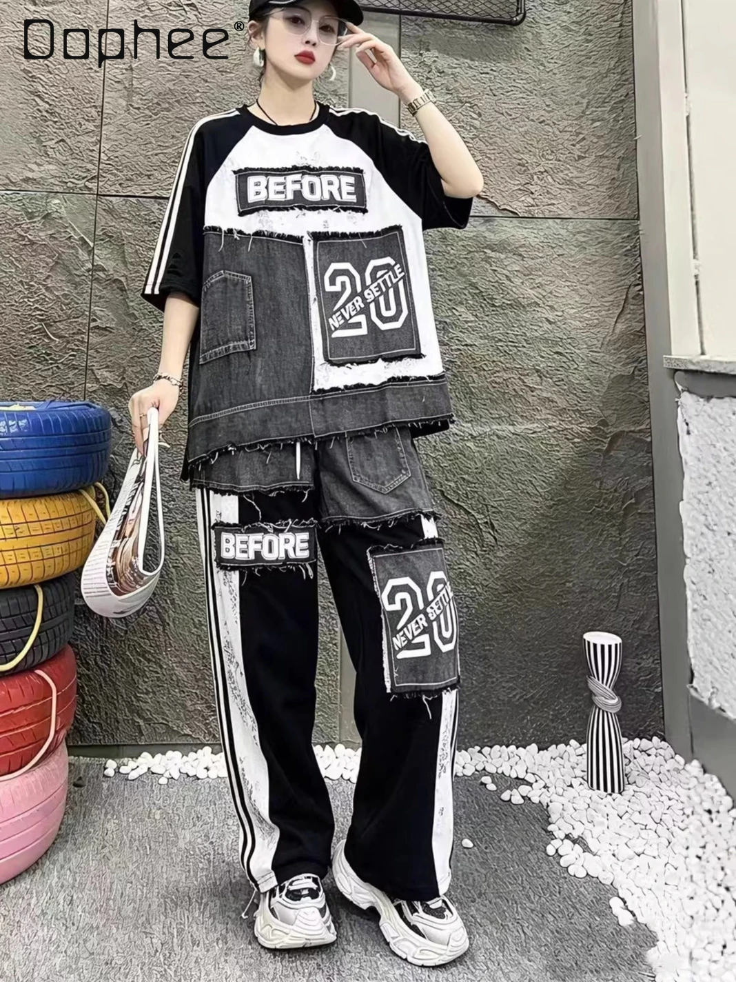 European Trend Suit Women's Summer New Denim Splicing Digital Printing Bright Lace Fashion Short-sleeved Top and Trousers