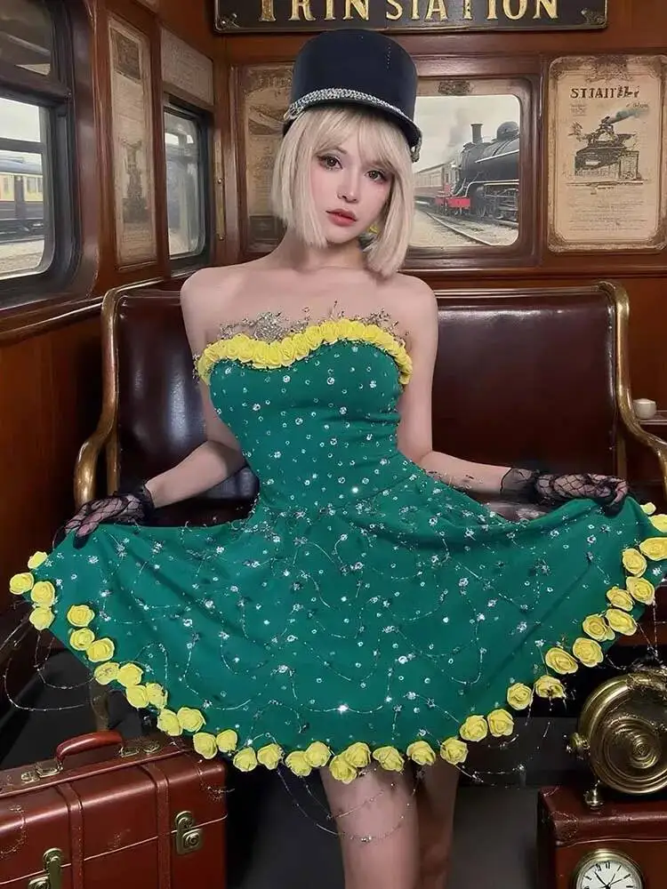 High Quality Hot Sexy Chest Wrapped Dress 2026 New Fashion French Light Yellow Small Flower Strapless Dress for Women