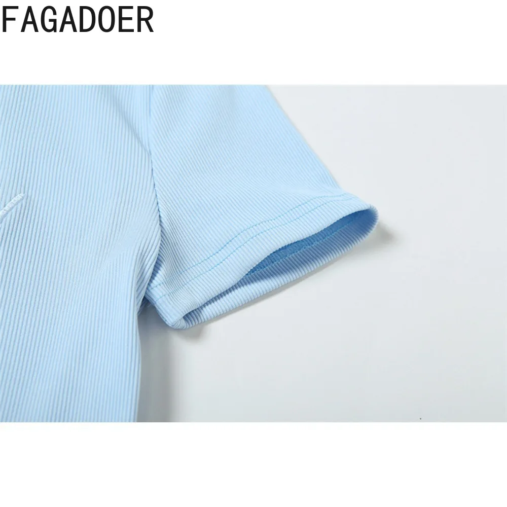 FAGADOER Fashion Solid Embroidery Skinny Skirts Two Piece Sets Women Round Neck Short Sleeve Slim Crop Top + Skirts Outfits 2024