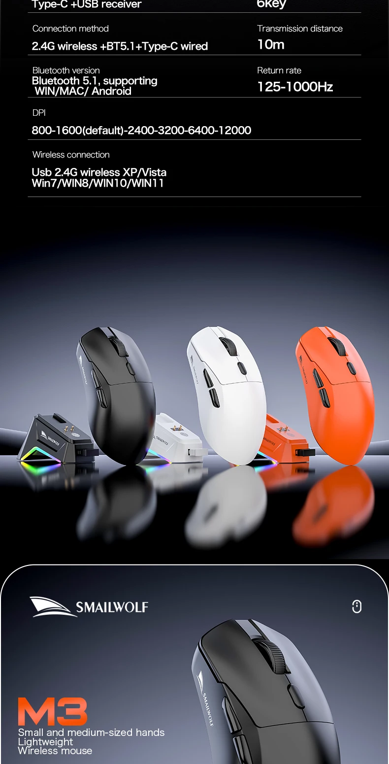 SMAILWOLF M3 PRO Kabellose Bluetooth-Maus mit drei Modi, E-Sport-Gaming-Maus für Laptop und Desktop, PAW3311, kabelgebunden, leicht, für FPS-Spiele – Detail 12
