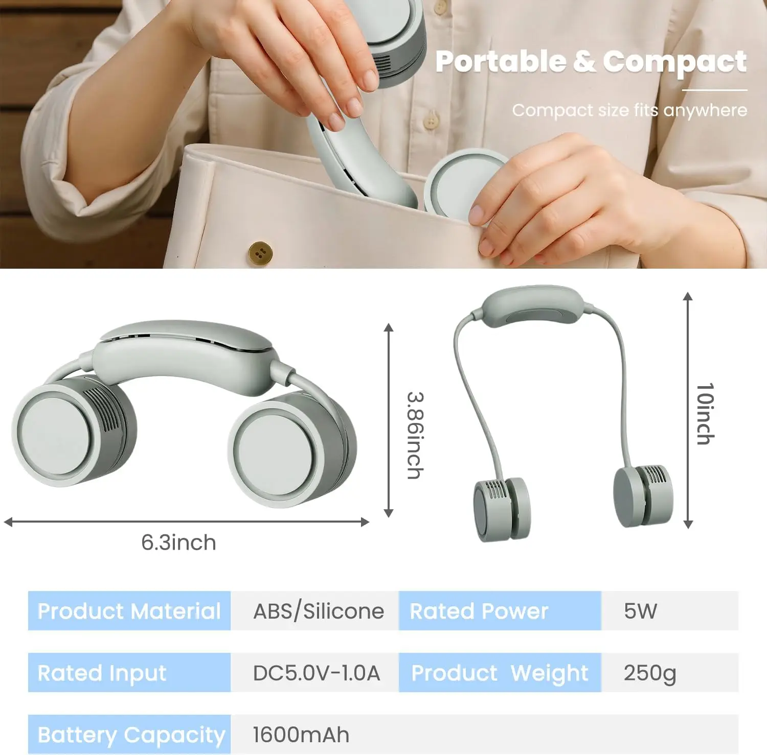 2026 New Upgrade Portable Neck Fan 6H Runtime Ultra Quiet 1600mAh Battery Operated Fan With 3 Speeds Personal Fan USB Rechargeab